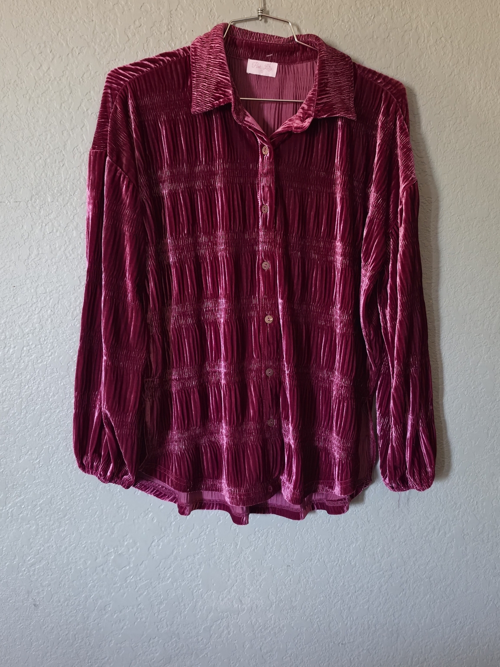 Pink Lily Velvet Button-Up Blouse in Deep Magenta